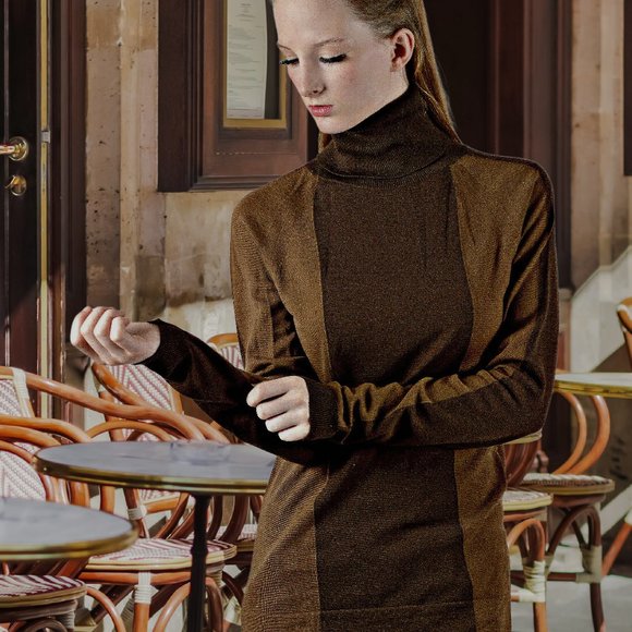 Designer Brown Two Tone Long Turtleneck Sweater - Picture 5 of 5